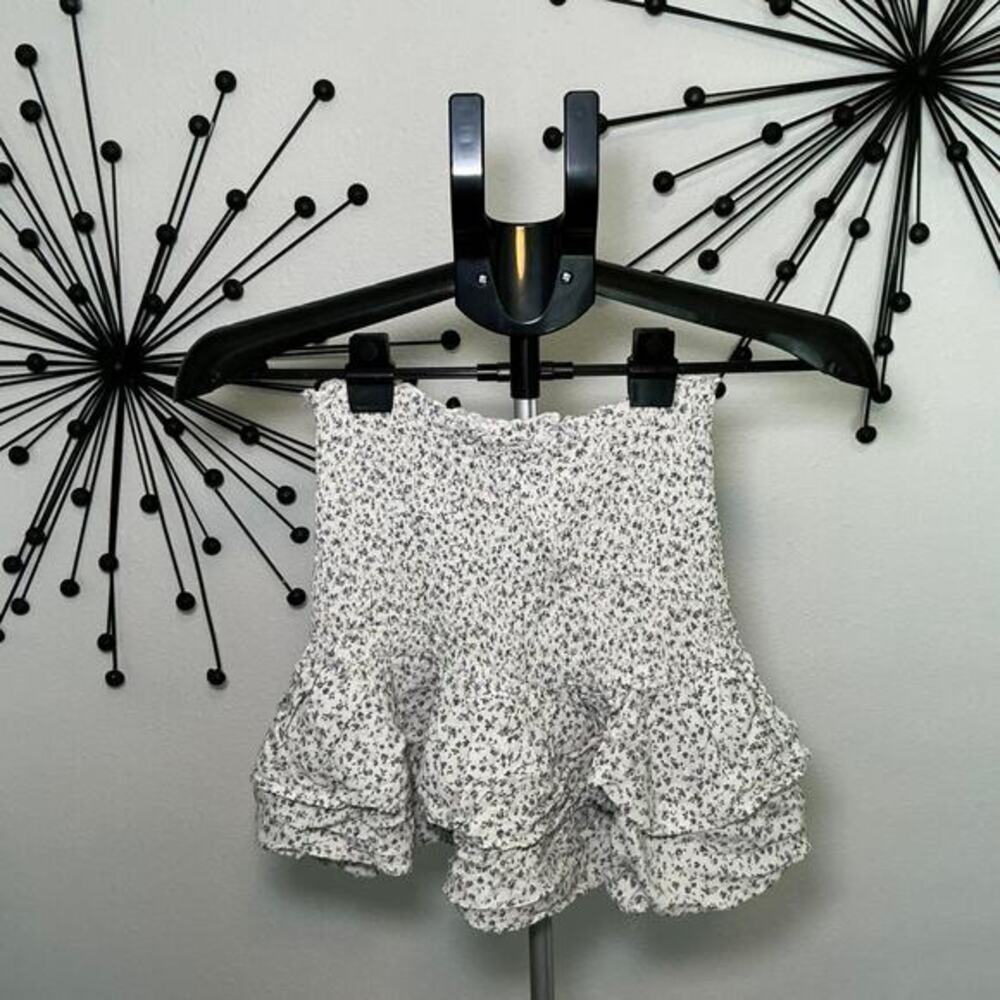 Garage Floral Smocked Ruffle Skirt White Blue Size S